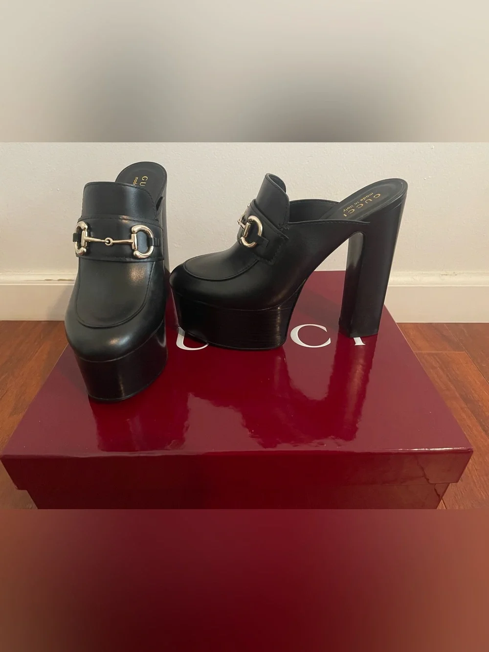 Gucci Black Leather Platform Mule Heels with Gold Horsebit